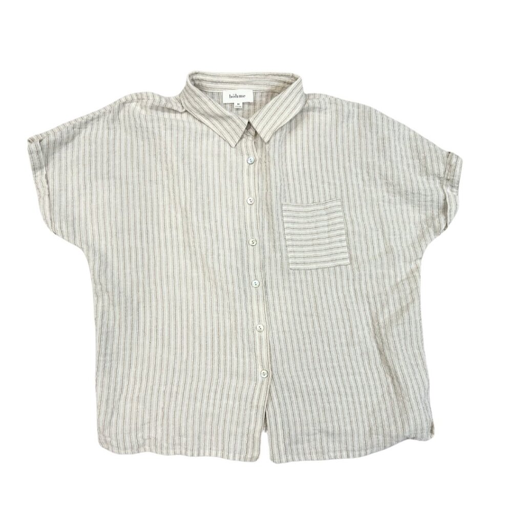 Bohme Medium Women's Cropped Collared Button Up Shirt Stripes Cream